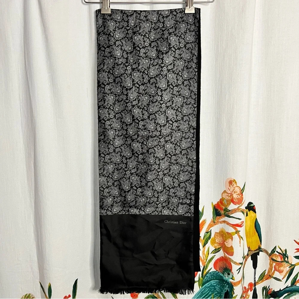 Christian Dior Black and Silver Paisley Pattern Scarf 55